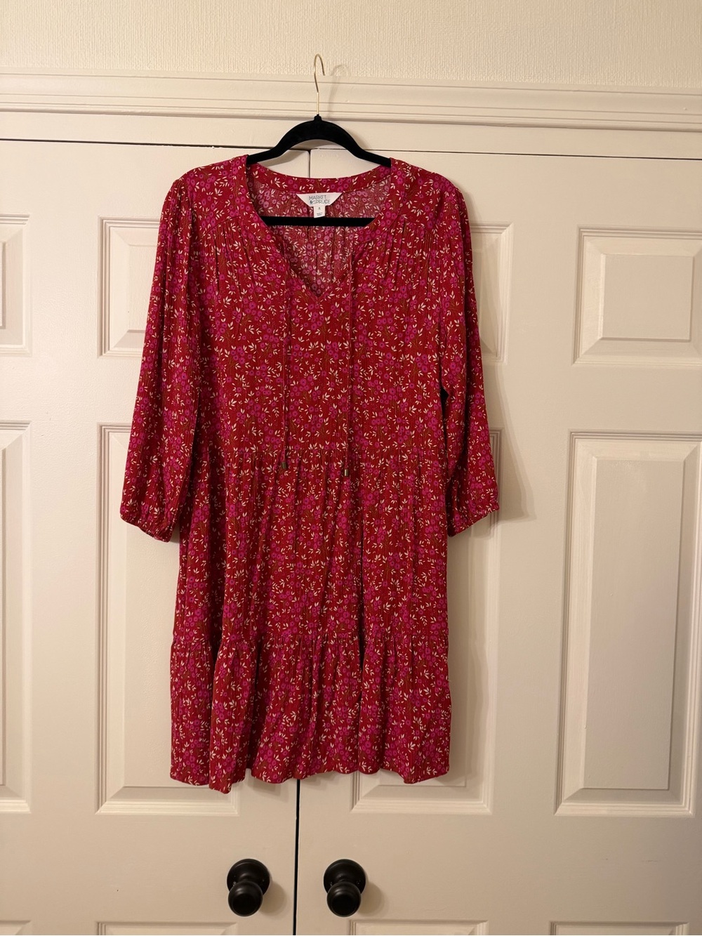 Market & Spruce Magenta Floral Tiered V-Neck Mini Dress